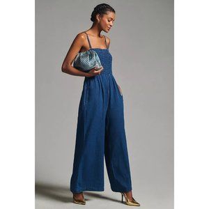 Anthropologie Pilcro Smocked Romper Jumpsuit Dress Denim Ruffle S New